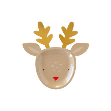 Fun and festive, our shaped reindeer plates are the perfect addition to your table for a whimsical Christmas party. Featuring gold foil accents, these shaped plates resemble everyone's favorite reindeer, and are a simple way to add some holiday magic to neighbor treats or cookies that you leave for Santa!  • Includes 8 reindeer shaped plates  • approximately 9